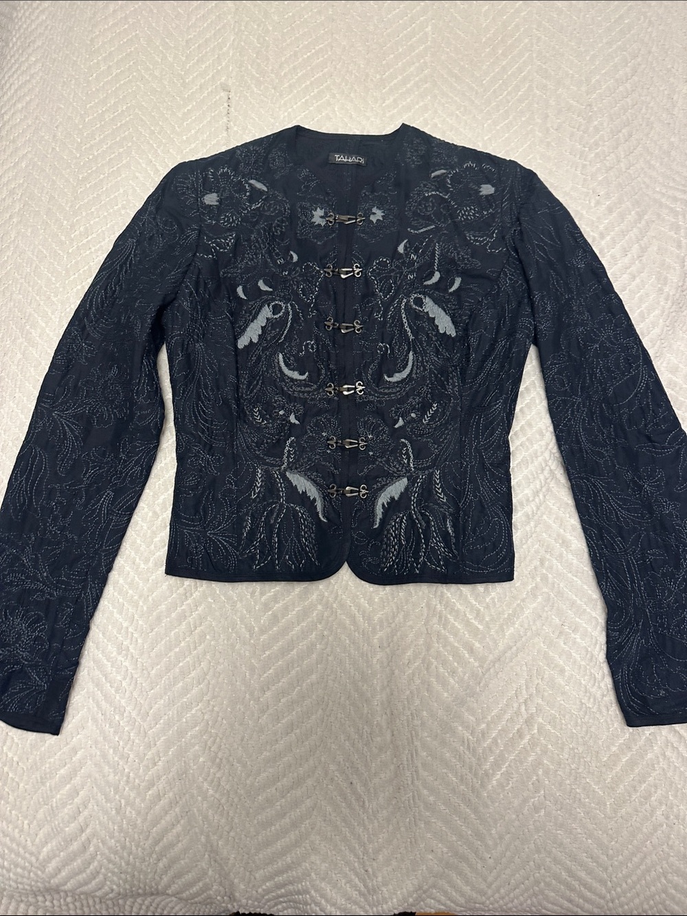Tahari Embroidered Hook-Front Blazer